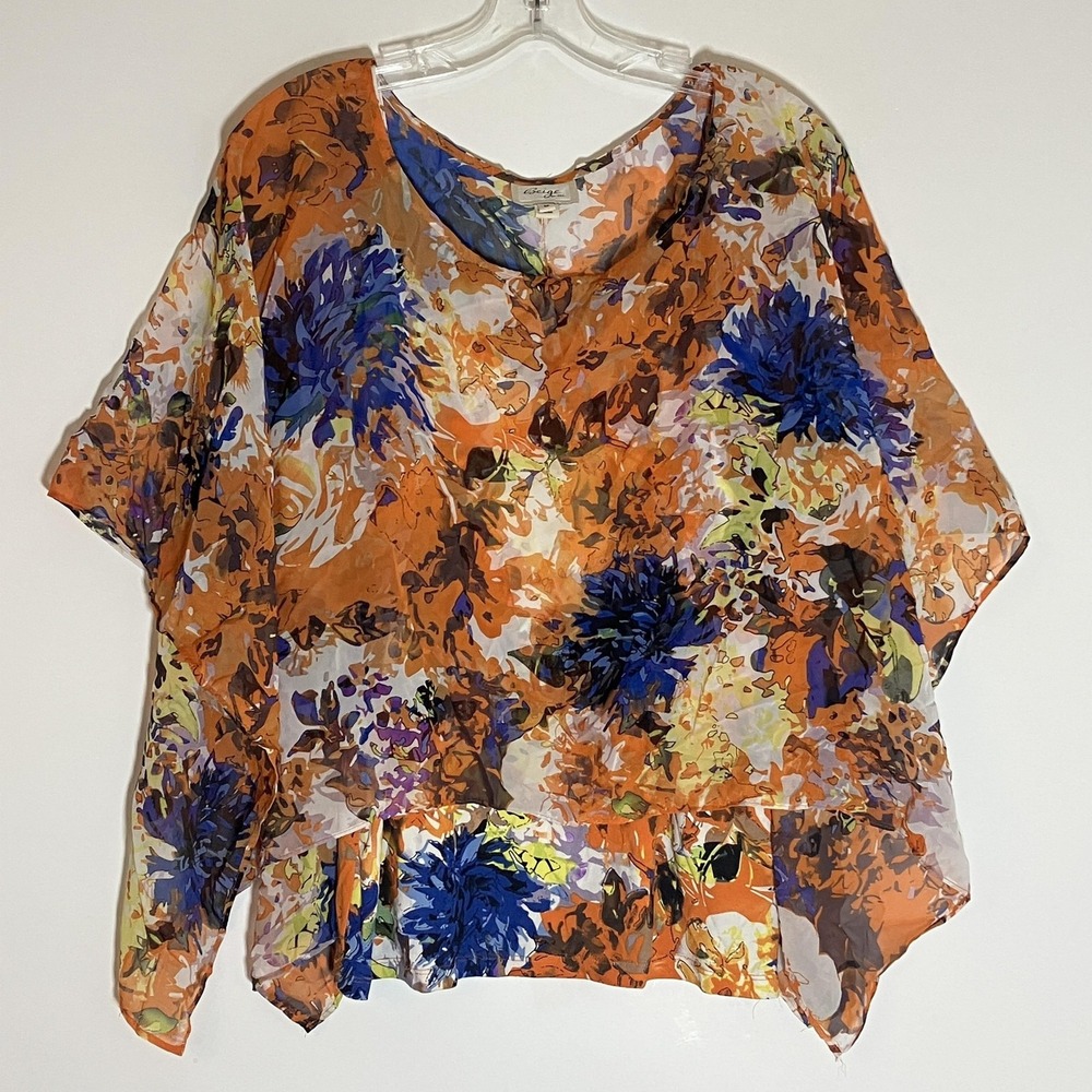 Beige by eci Blouse Womens Medium Orange Multi Floral Sheer Poncho Top 2 Piece M